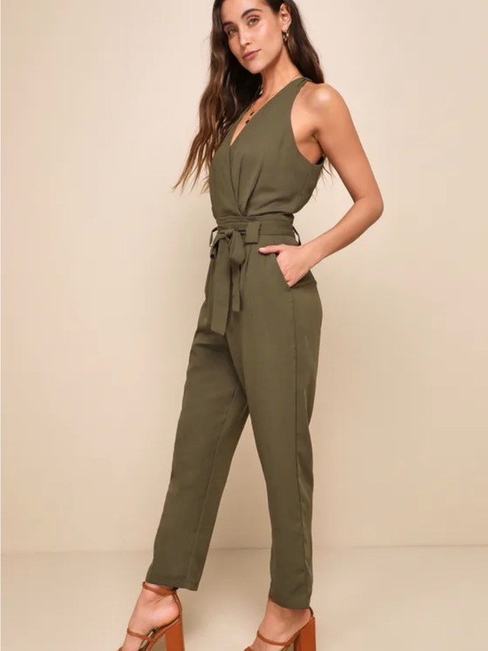 Lulus Pants - Lulus In the City Surplice Jumpsuit Womens Medium Olive Green Lined Sleeveless